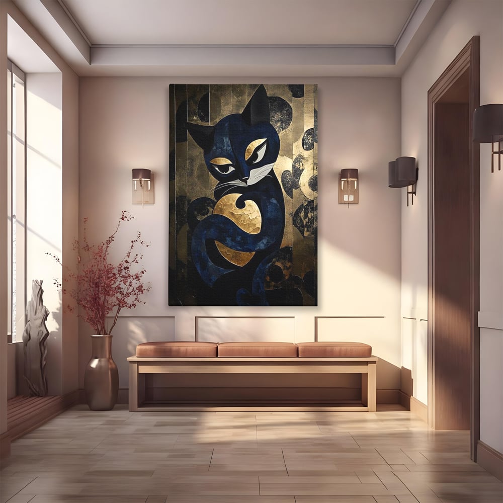 Tablou canvas cu tablou canvas cu pisica neagra si aurie, fara rama, pe sasiu de lemn